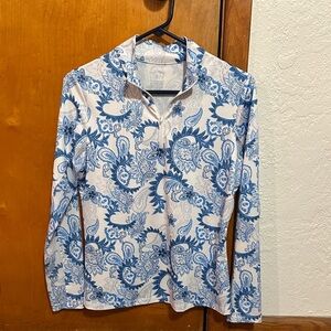 Gottex White and Blue Paisley Long Sleeve Zip Top